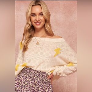 Women's Cream Sweater with Yellow Bolts